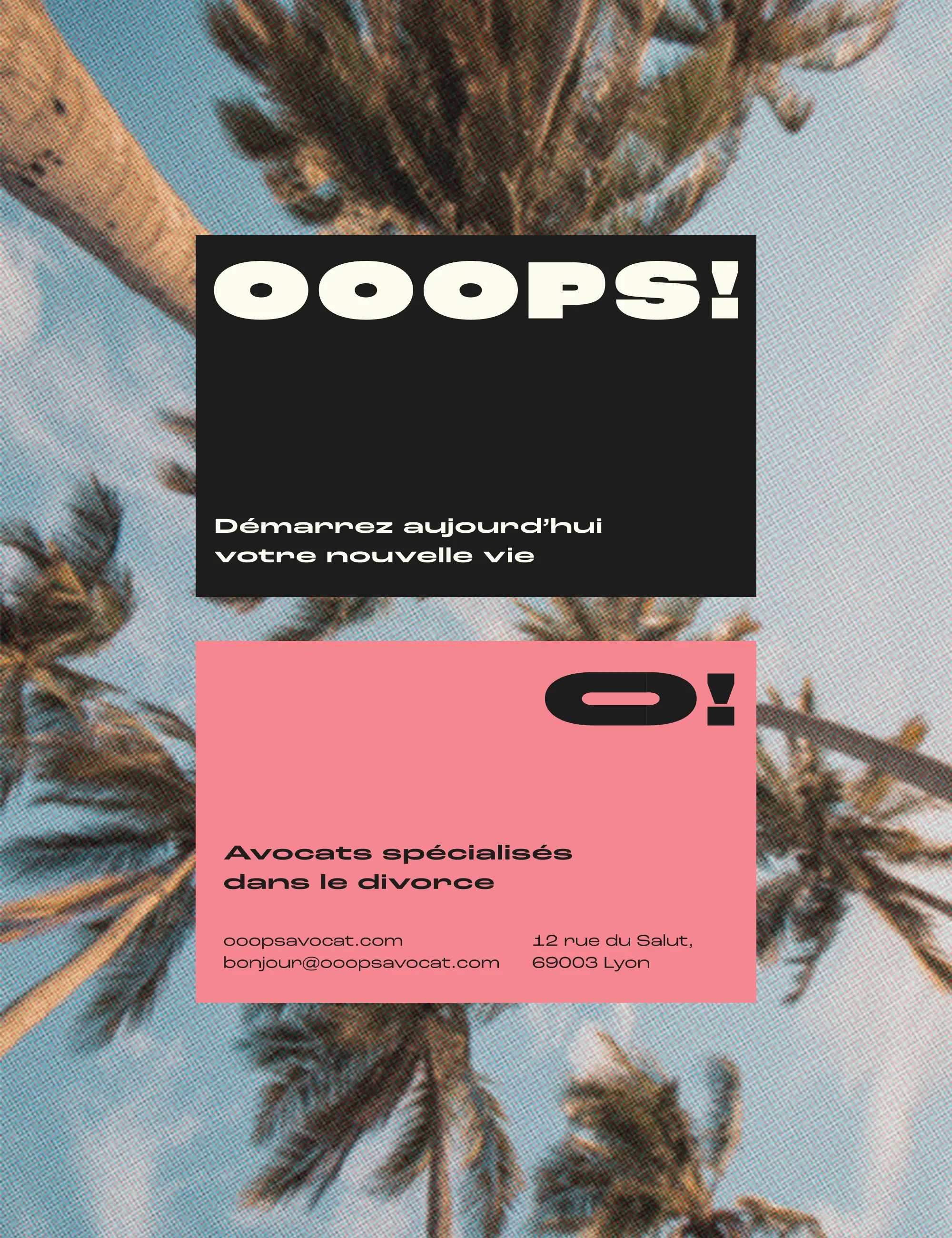 Carte de visite OOOPS! recto et verso, sur fond photo de palmiers