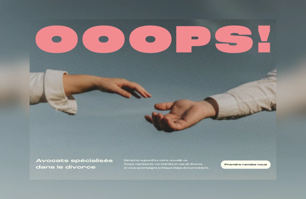 Page du site, avec le logo en gros et un bouton "prendre rendez-vous". Une photo en fond de deux mains se lâchant