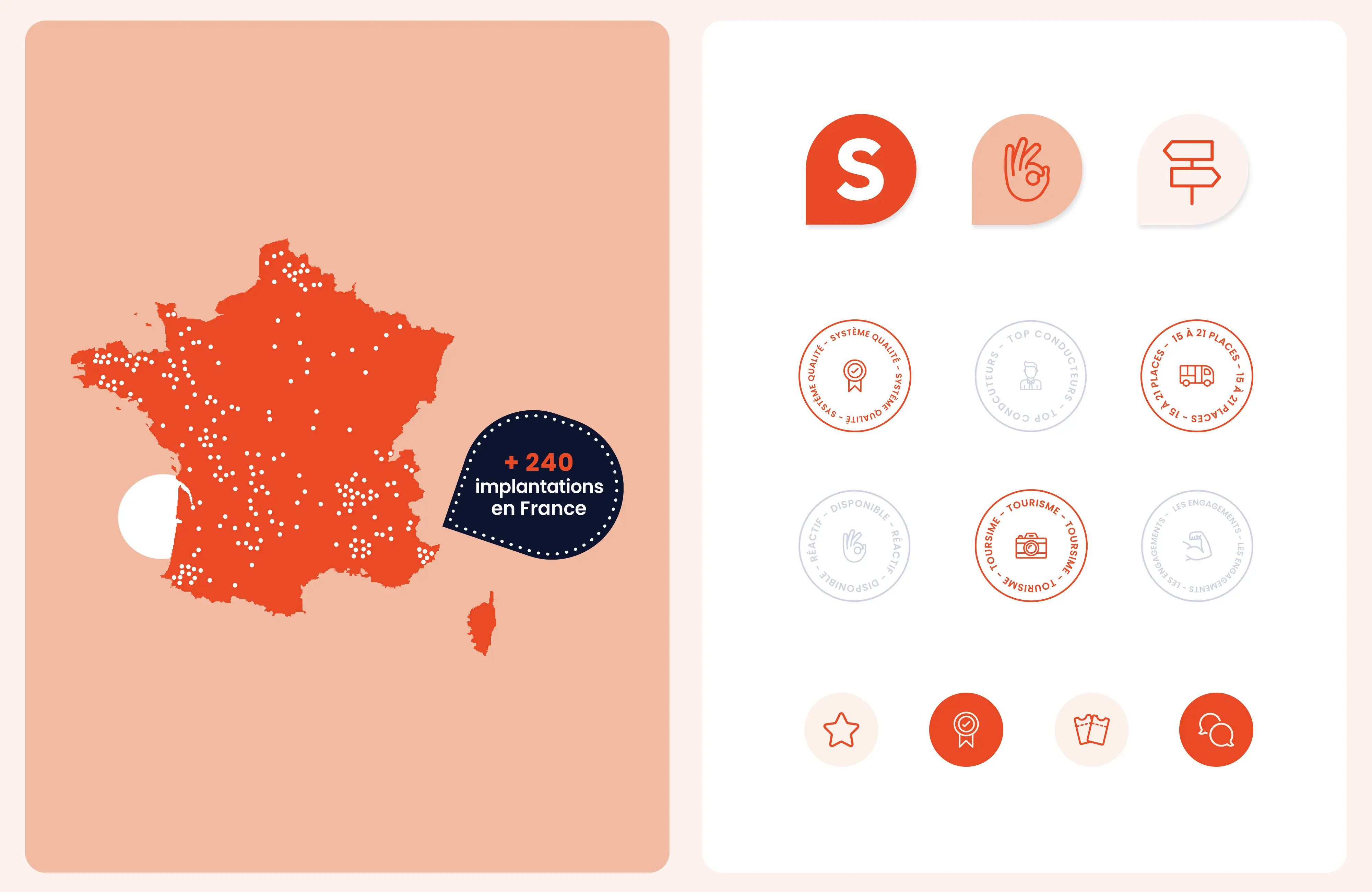 Zoom sur des éléments graphiques de Saybus : la carte de France des implantations, les différentes icônes et tampons