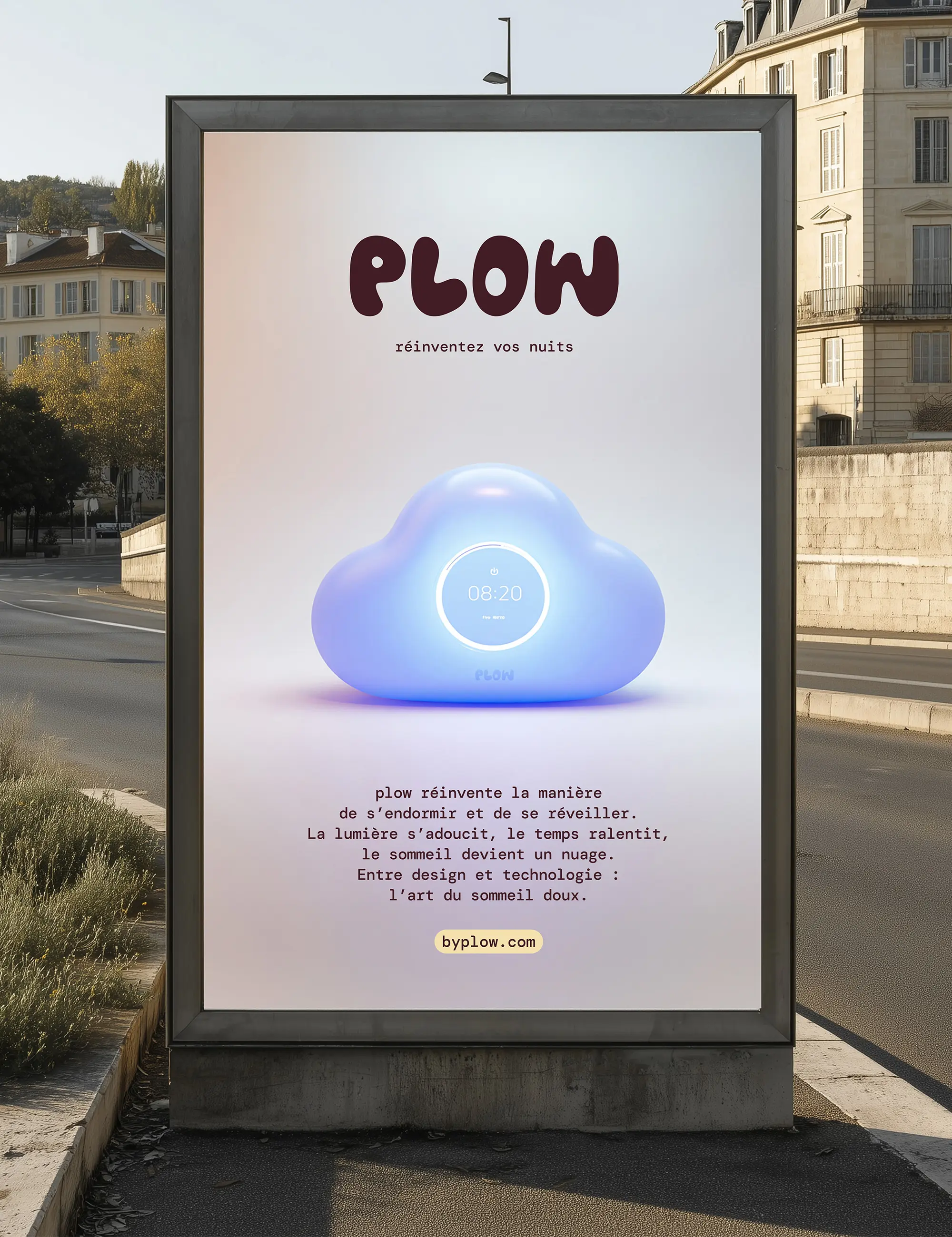 Affiche pour promouvoir la marque de veilleuse en forme de nuage plow, par Clarisse Joly (rvb challenge)