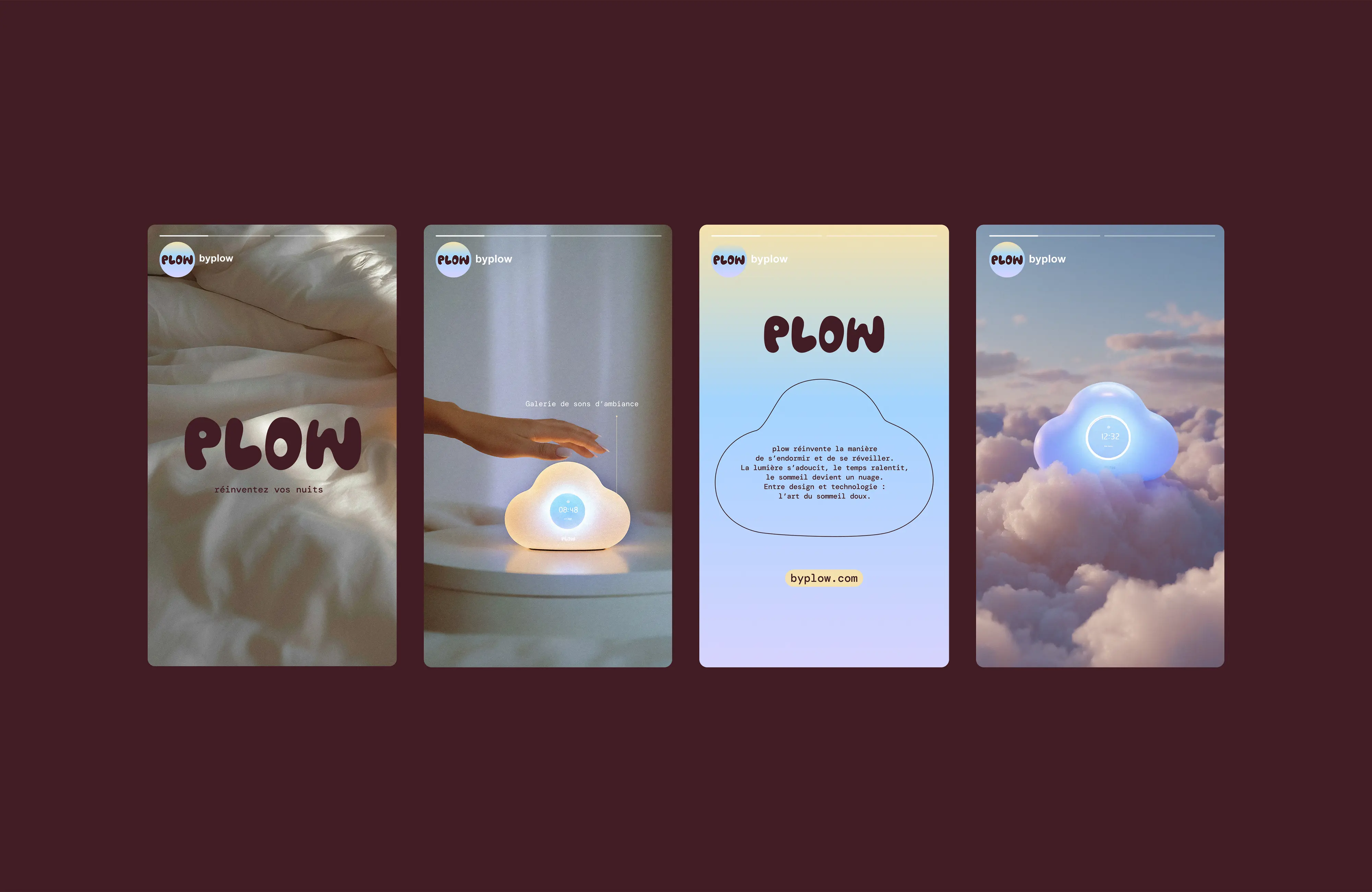 Vue des différentes stories pour les réseaux sociaux de la marque plow, la veilleuse connectée, par Clarisse Joly (rvb challenge)